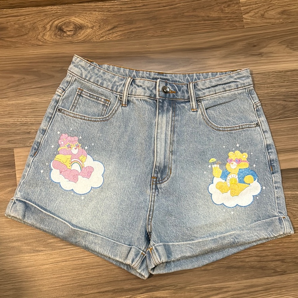 Care Bears Glitter Print High Waisted Denim Zip Hot Topic Shorts 9 Waist 29”